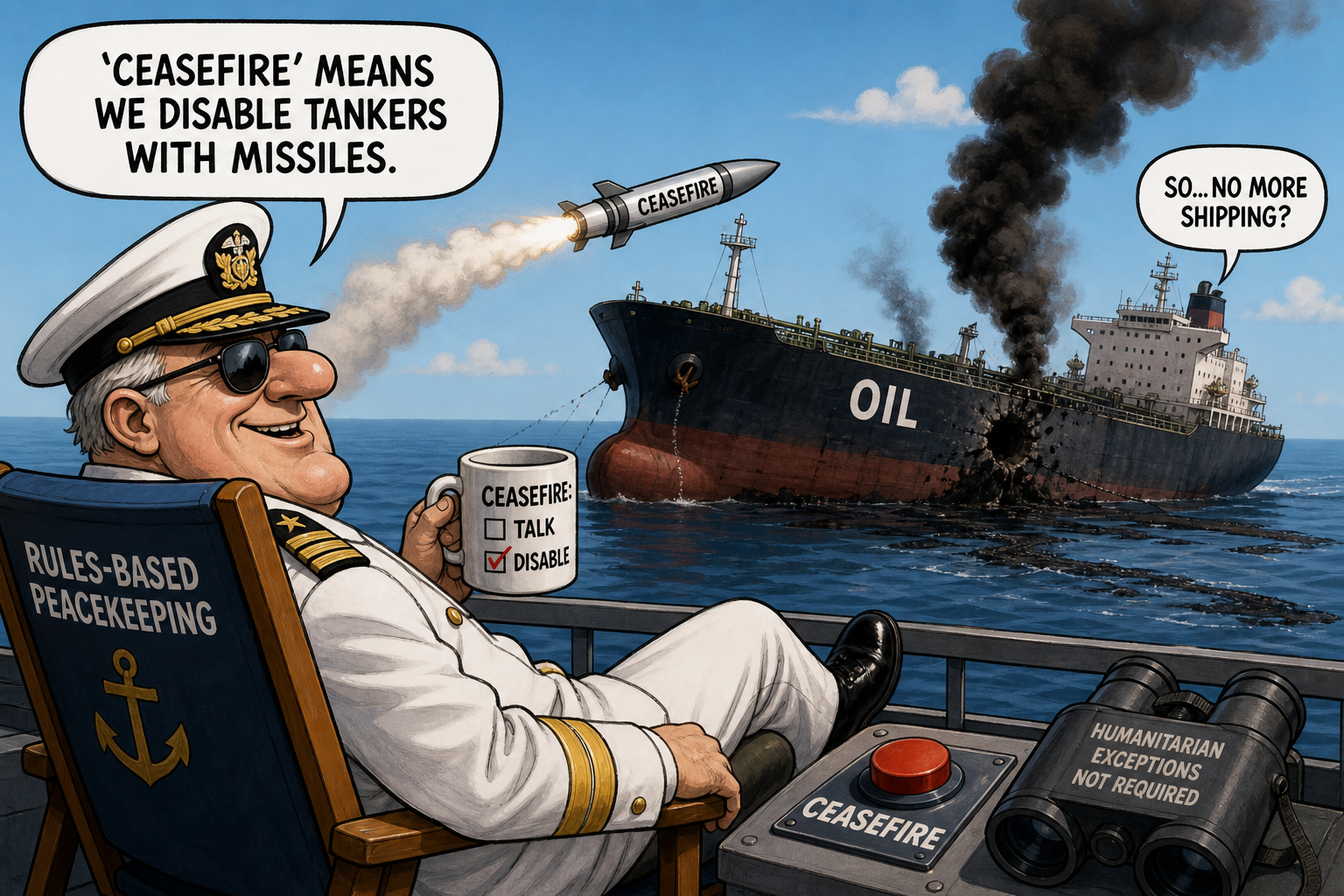 Satirical cartoon for Admiral: 'Ceasefire' Means We Disable Tankers With Missiles