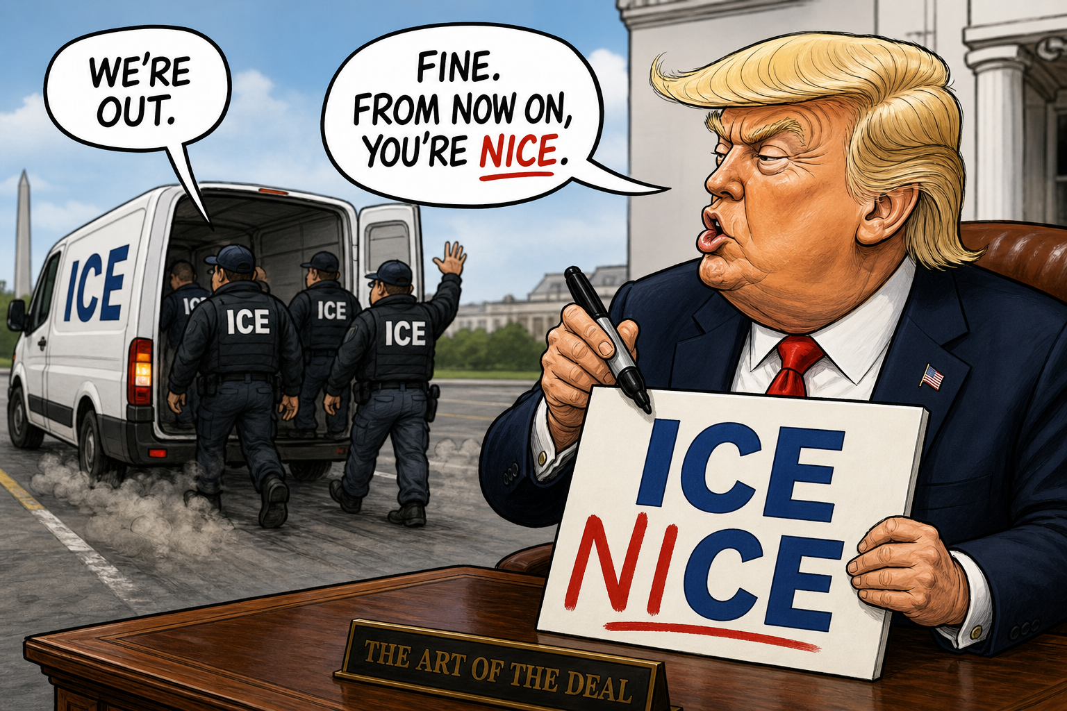 Satirical cartoon for ICE Agents Abandon Trump, So He Renames Them 'NICE'