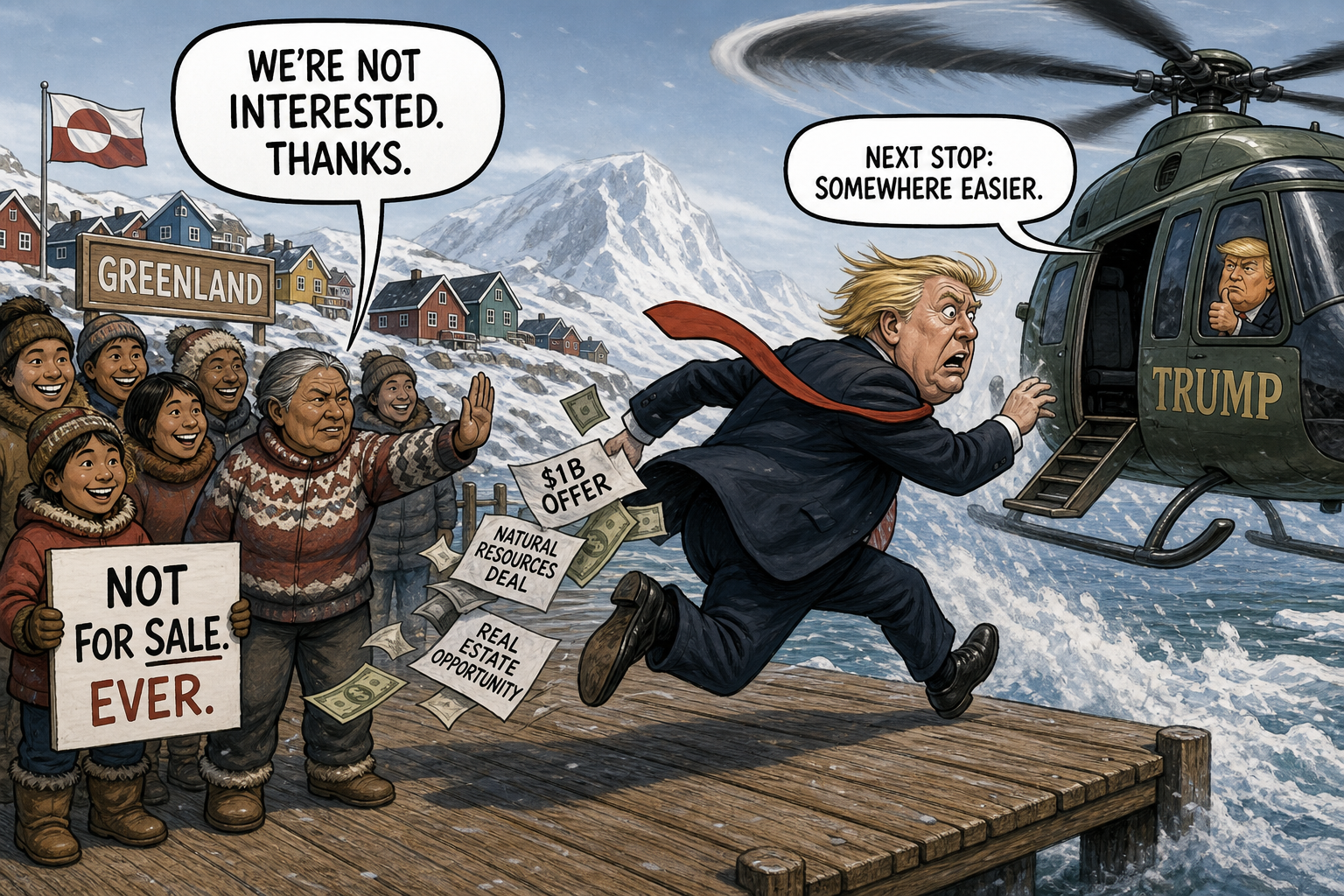 Satirical cartoon for Trump Envoy Flees Greenland After Locals Refuse to Be Purchased
