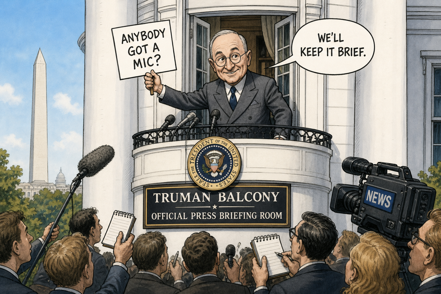 Satirical cartoon for White House Designates Truman Balcony As Official Press Briefing Room
