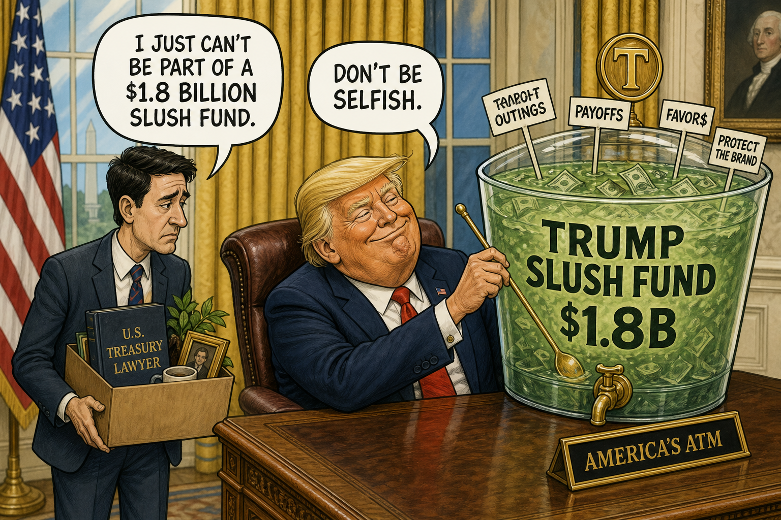 Satirical cartoon for Top Treasury Lawyer Quits Over $1.8B Trump Slush Fund