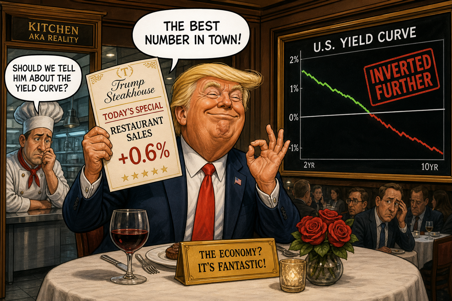 Satirical cartoon for Trump Celebrates Restaurant Statistic as Yield Curve Inverts Further