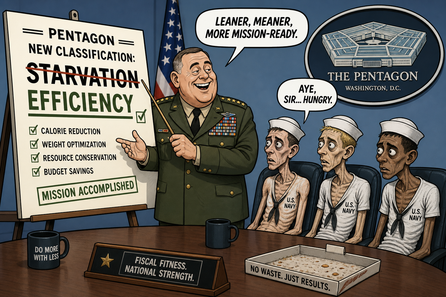 Satirical cartoon for Pentagon Reclassifies Starvation as 'Efficiency' After Sailors Lose Weight
