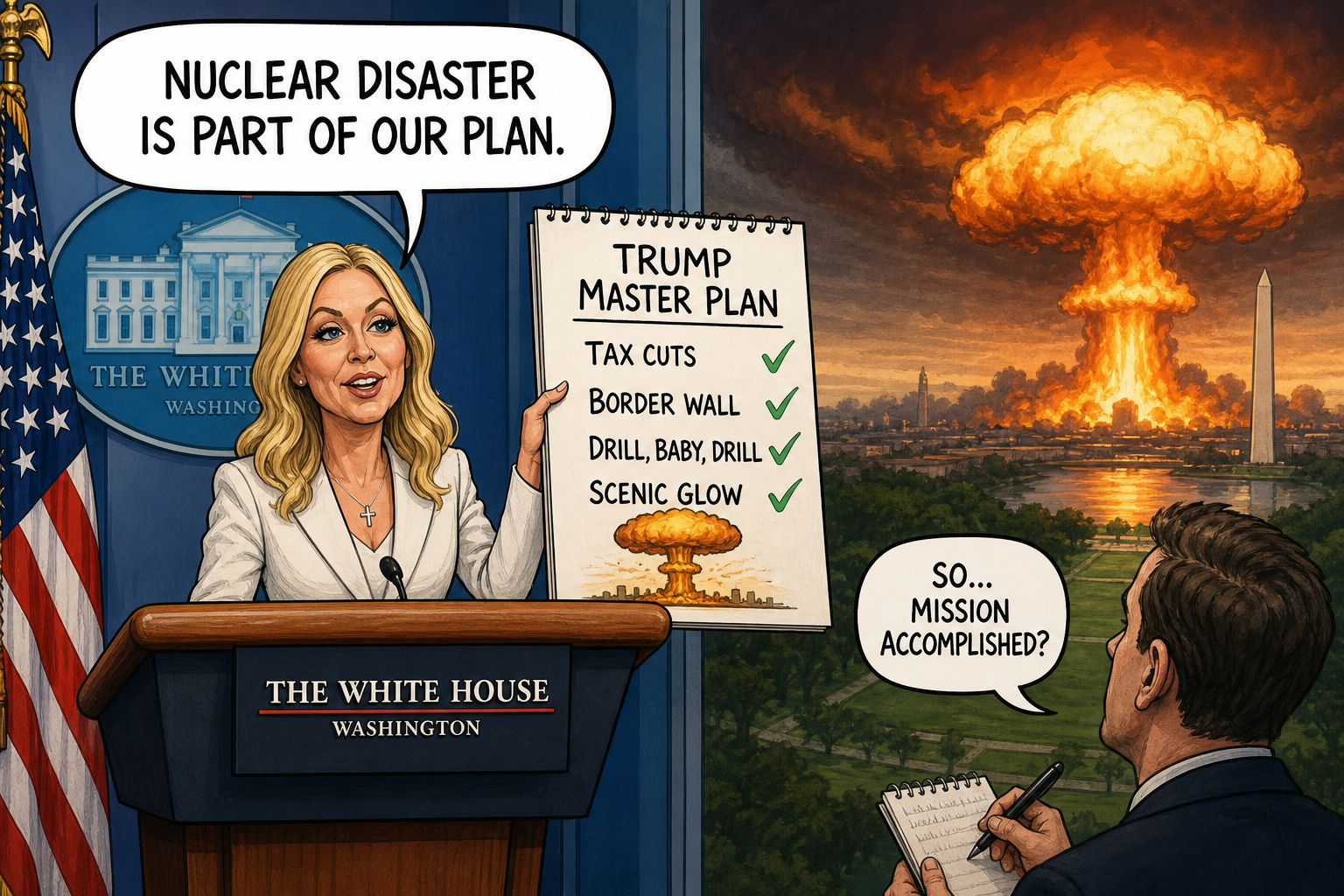 Satirical cartoon for White House Confirms Nuclear Disaster Is Part of Plan