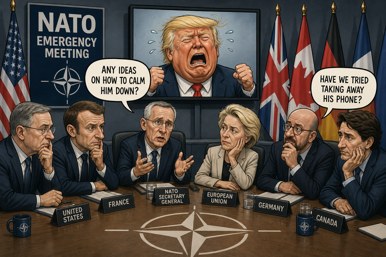 Satirical cartoon for NATO Leaders Hold Emergency Meeting to Discuss President's Emotional State