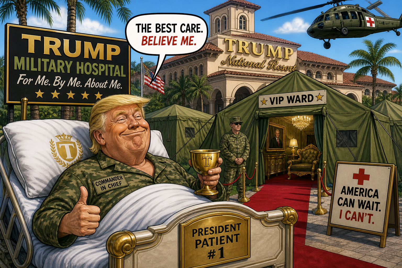 Satirical cartoon for Trump Building Military Hospital at His Resort for Himself