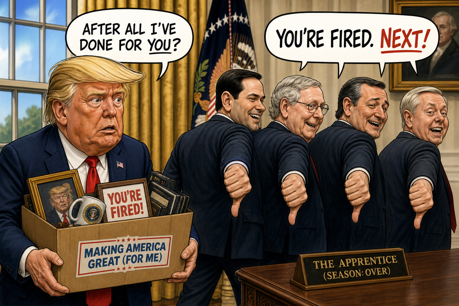 Satirical cartoon for After Being Fired by Trump, GOP Senators Vote Against Him