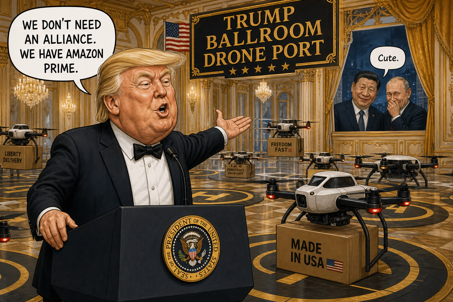 Satirical cartoon for Trump Touts Ballroom Drone Port As Answer to Xi-Putin Alliance