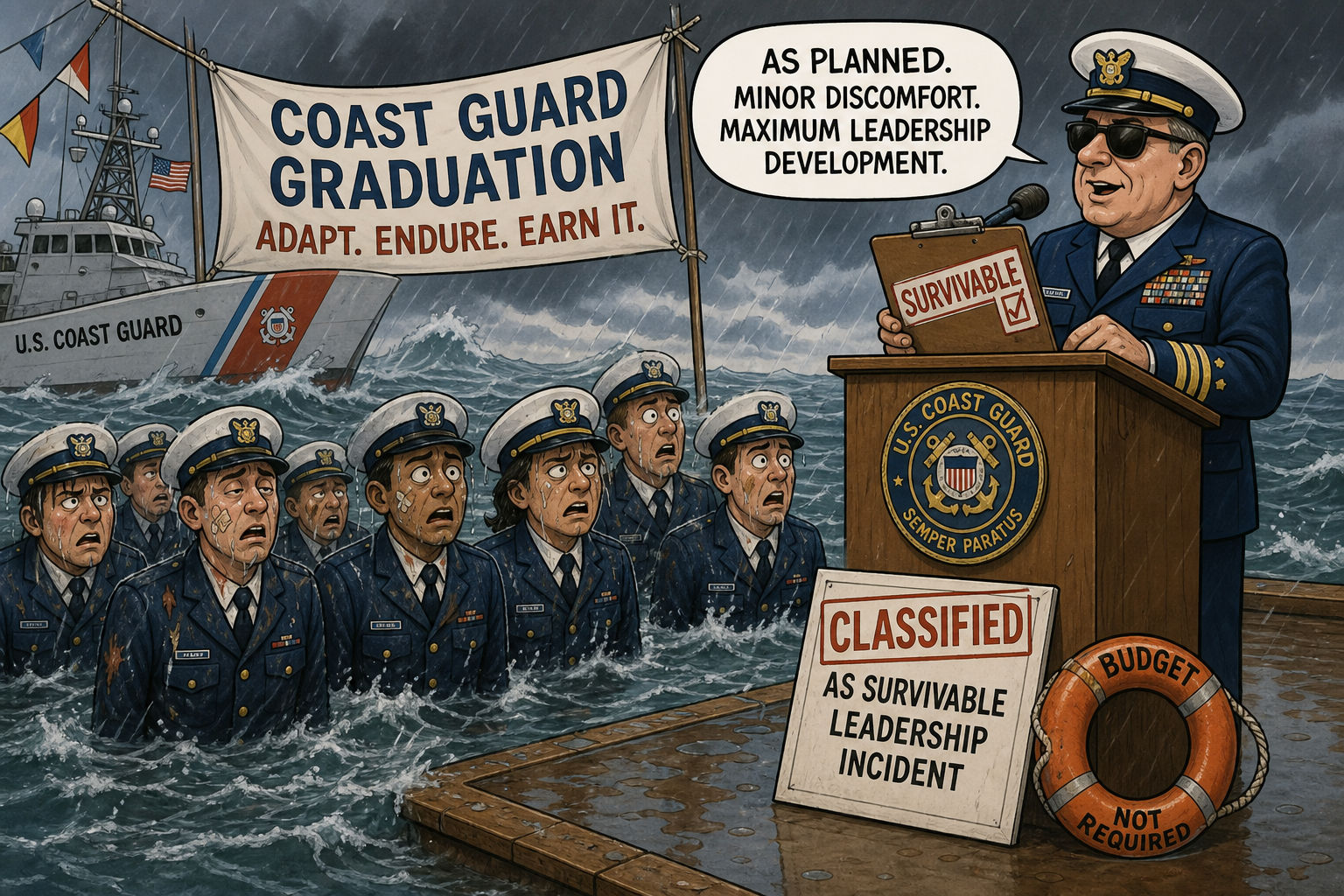 Satirical cartoon for Coast Guard Graduation Now Classified as Survivable Leadership Incident