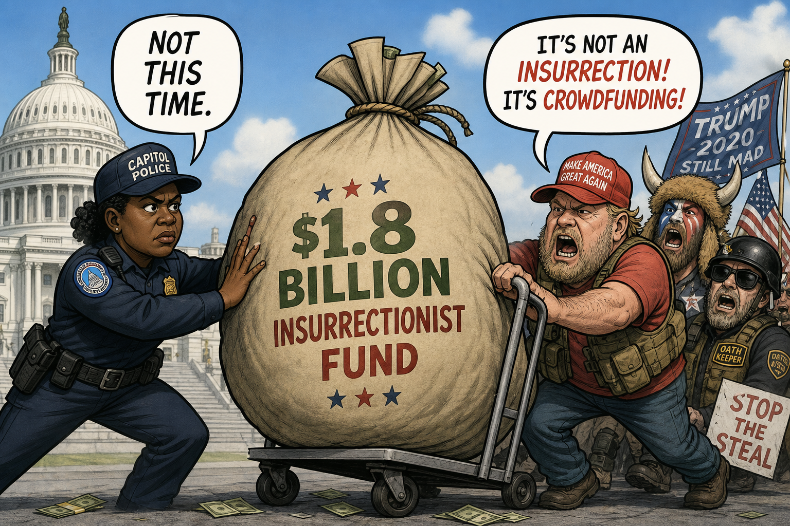 Satirical cartoon for Capitol Police Seek to Stop $1.8 Billion Insurrectionist Fund