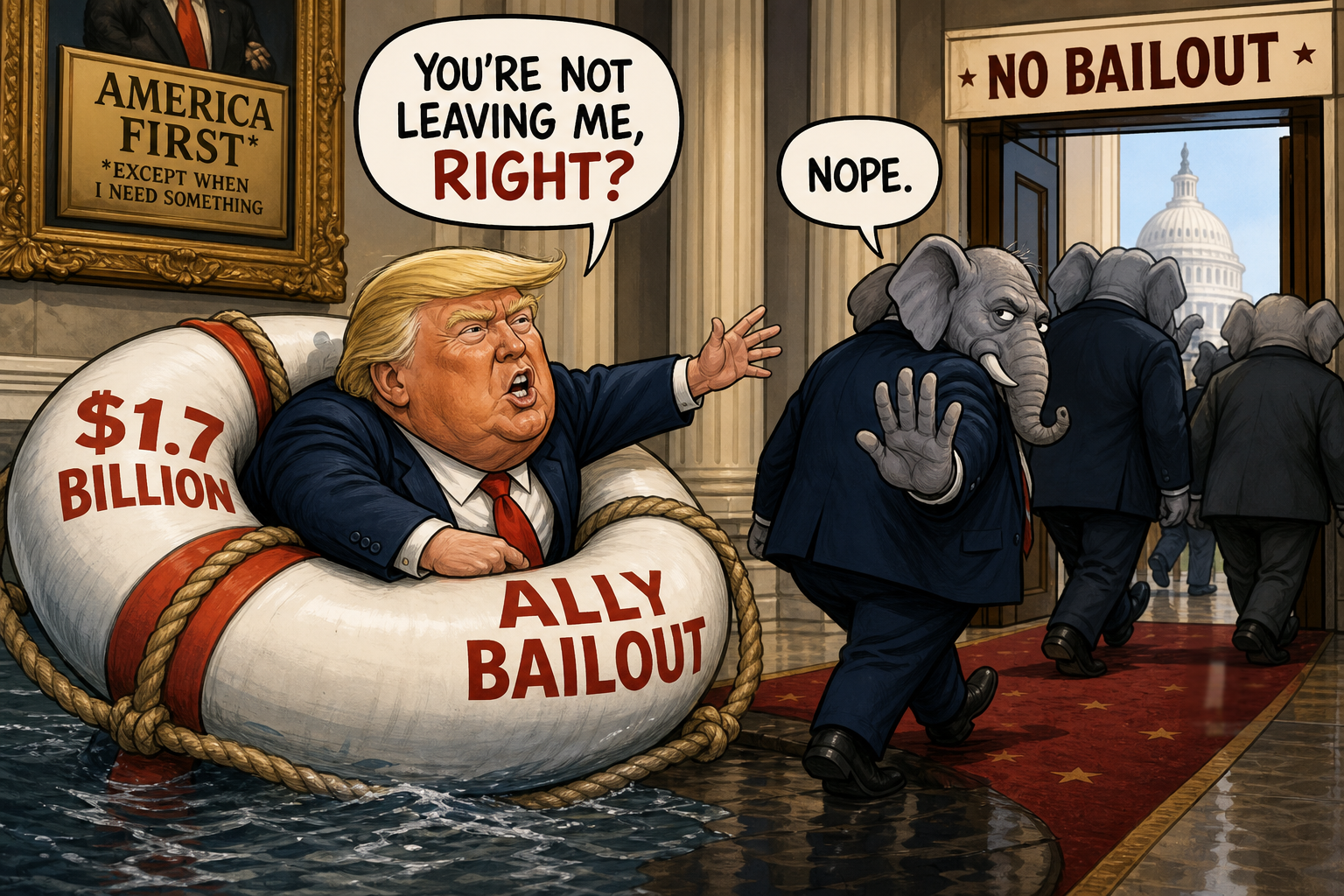 Satirical cartoon for Trump's $1.7 Billion Ally Bailout Faces Stunning GOP Mutiny