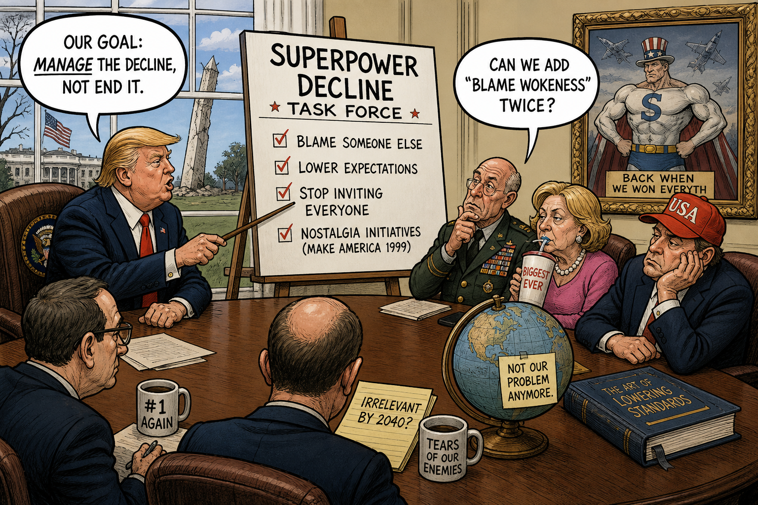 Satirical cartoon for White House Creates Task Force to Manage Superpower Decline