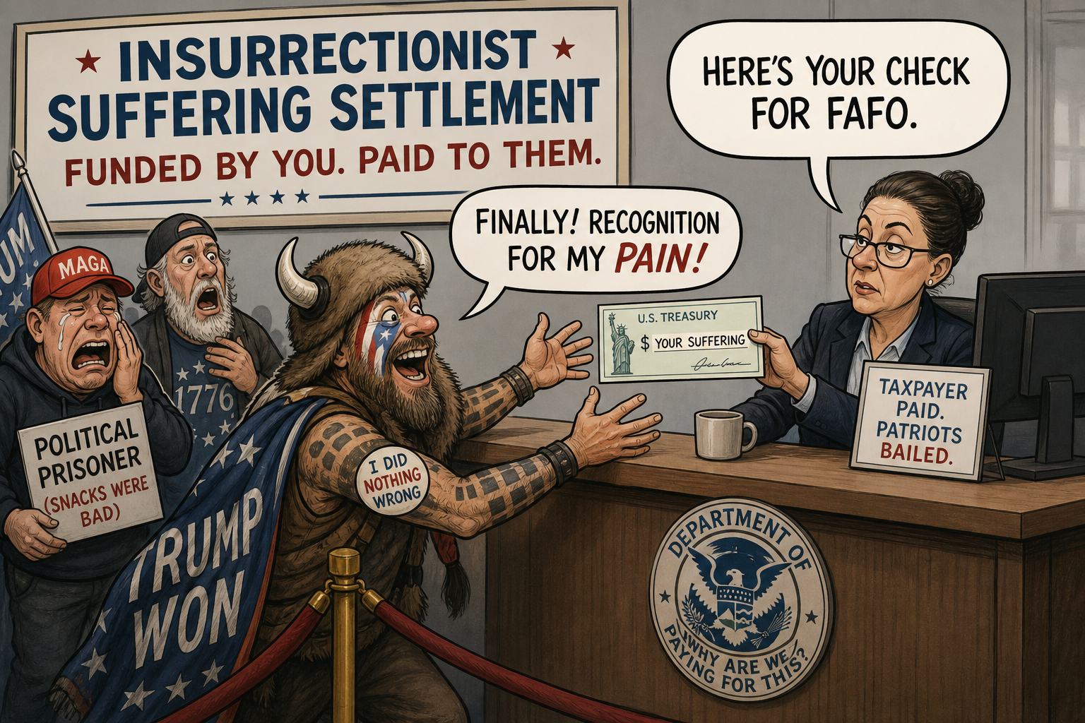 Satirical cartoon for Insurrectionists Now Eligible for Taxpayer-Funded Suffering Settlement