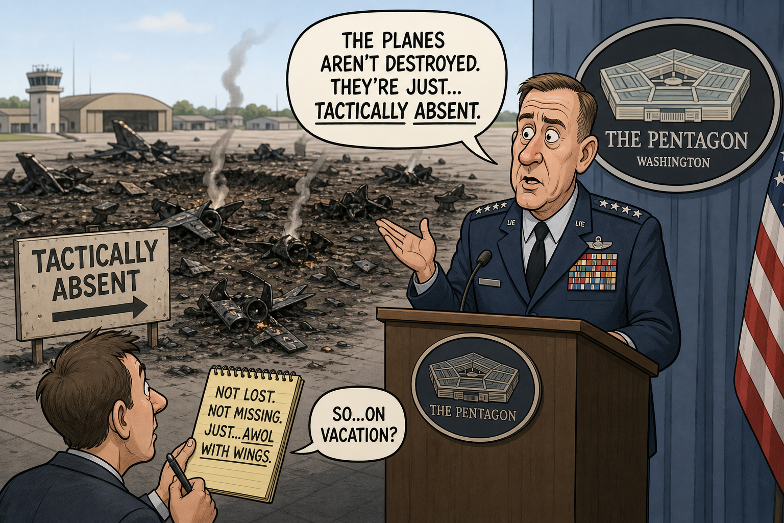 Satirical cartoon for 42 Destroyed Warplanes Are 'Tactically Absent,' Pentagon Says