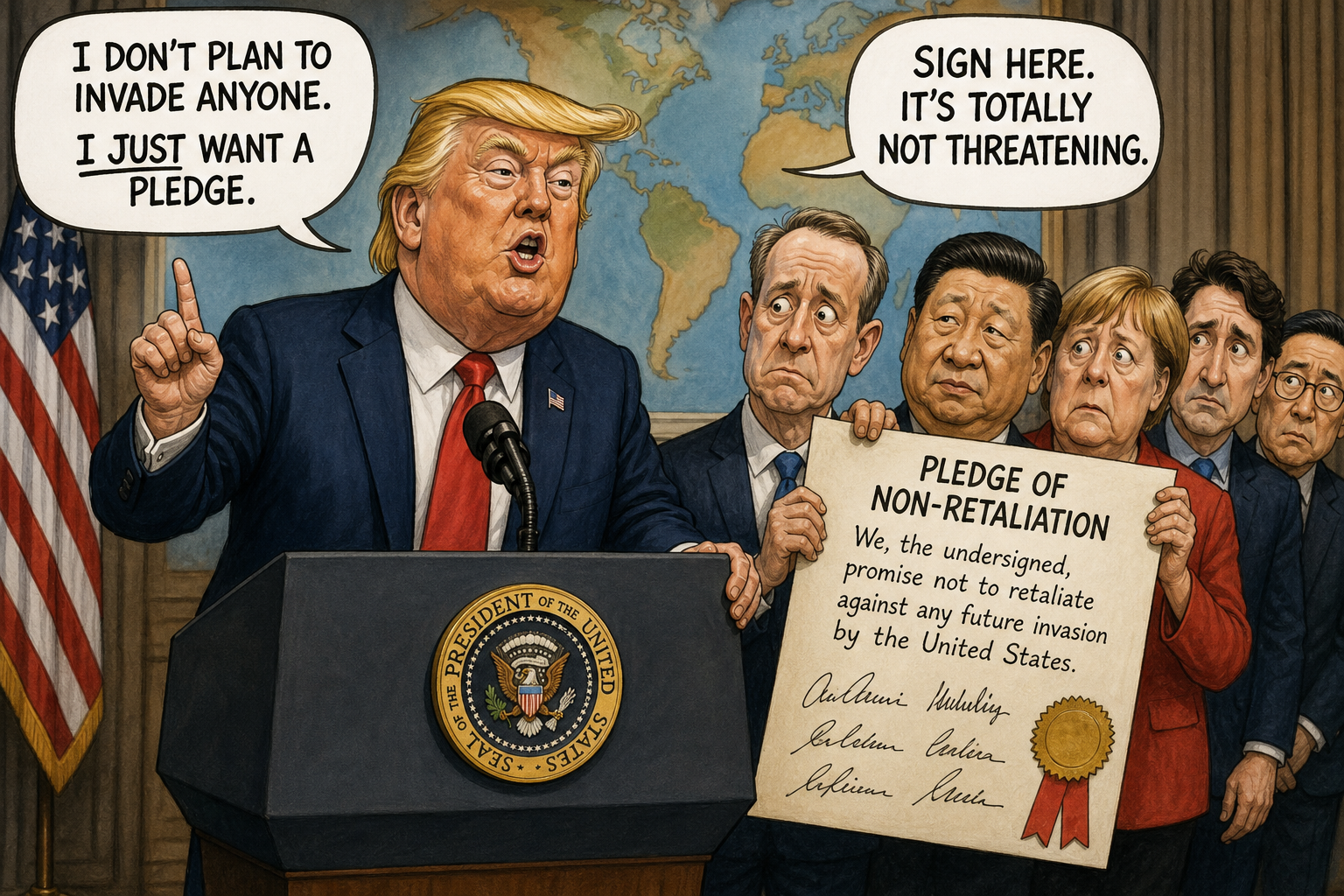 Satirical cartoon for Trump Asks World to Pledge Non-Retaliation Before Any Future Invasions