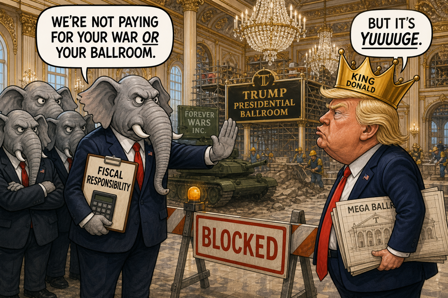 Satirical cartoon for GOP Blocks Trump’s War, Ballroom, Cites Fiscal Responsibility