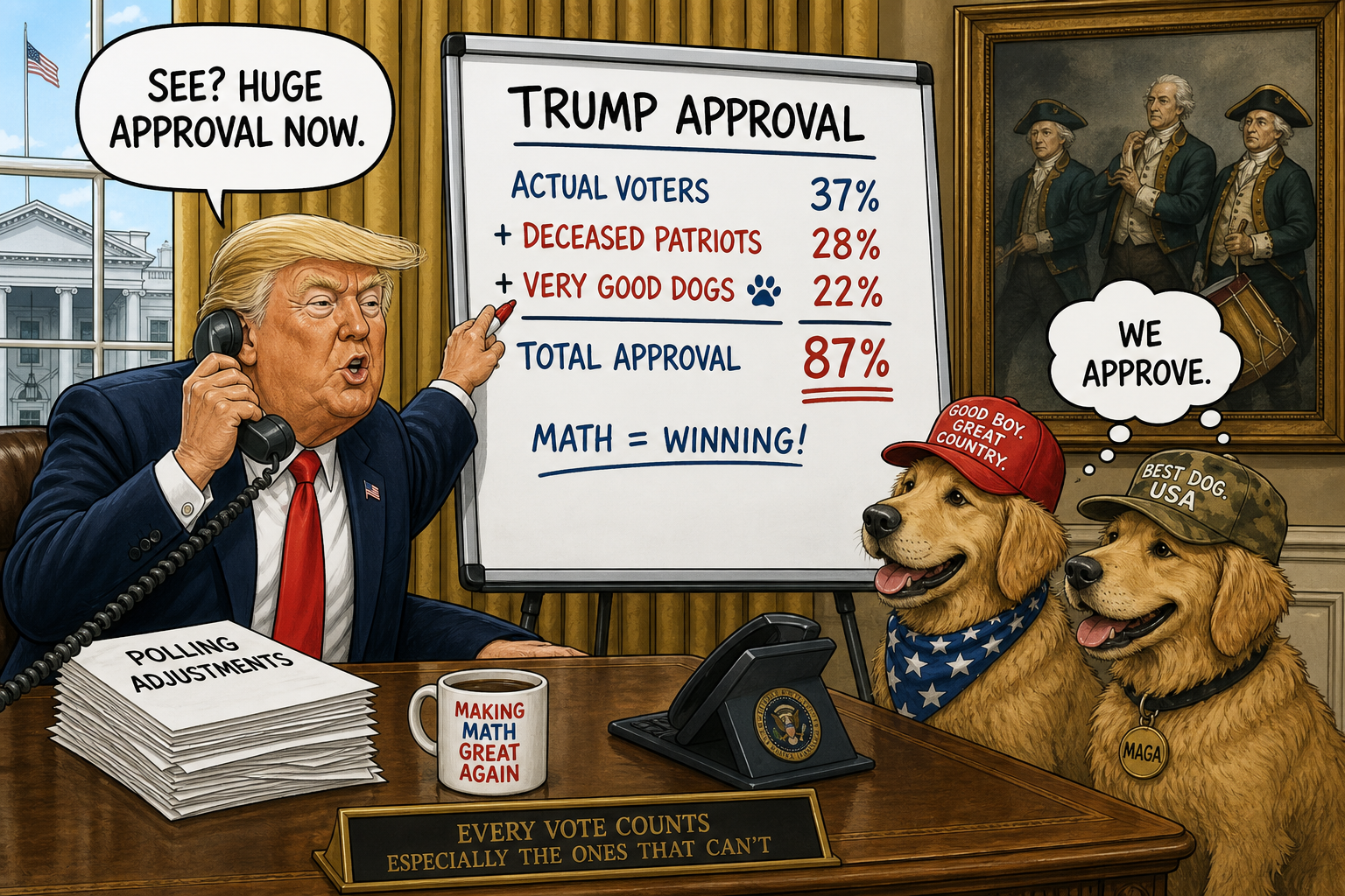 Satirical cartoon for White House Adjusts Poll Math to Include Deceased Patriots, Dogs
