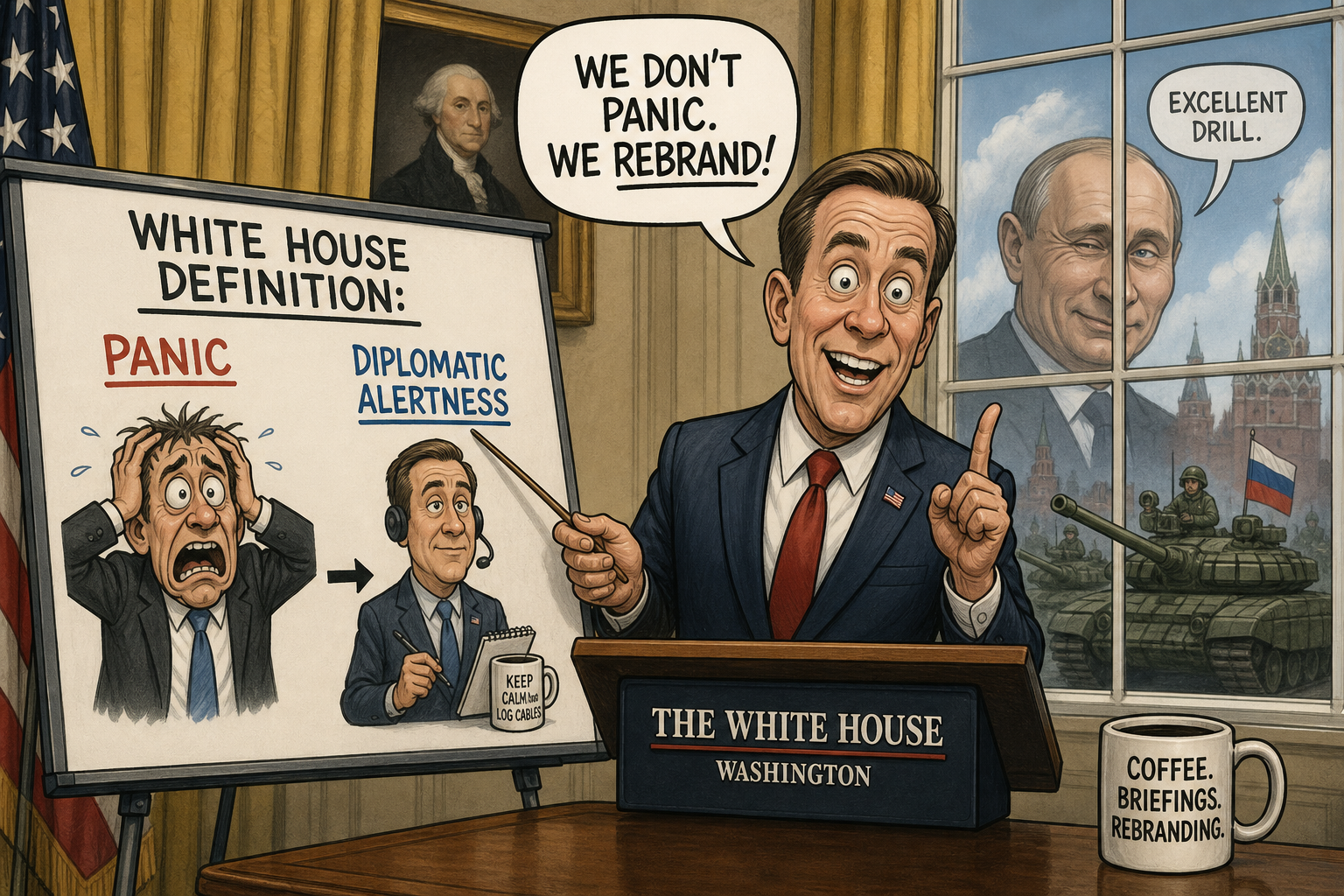 Satirical cartoon for White House Defines Panic as 'Diplomatic Alertness' Amid Putin Drills