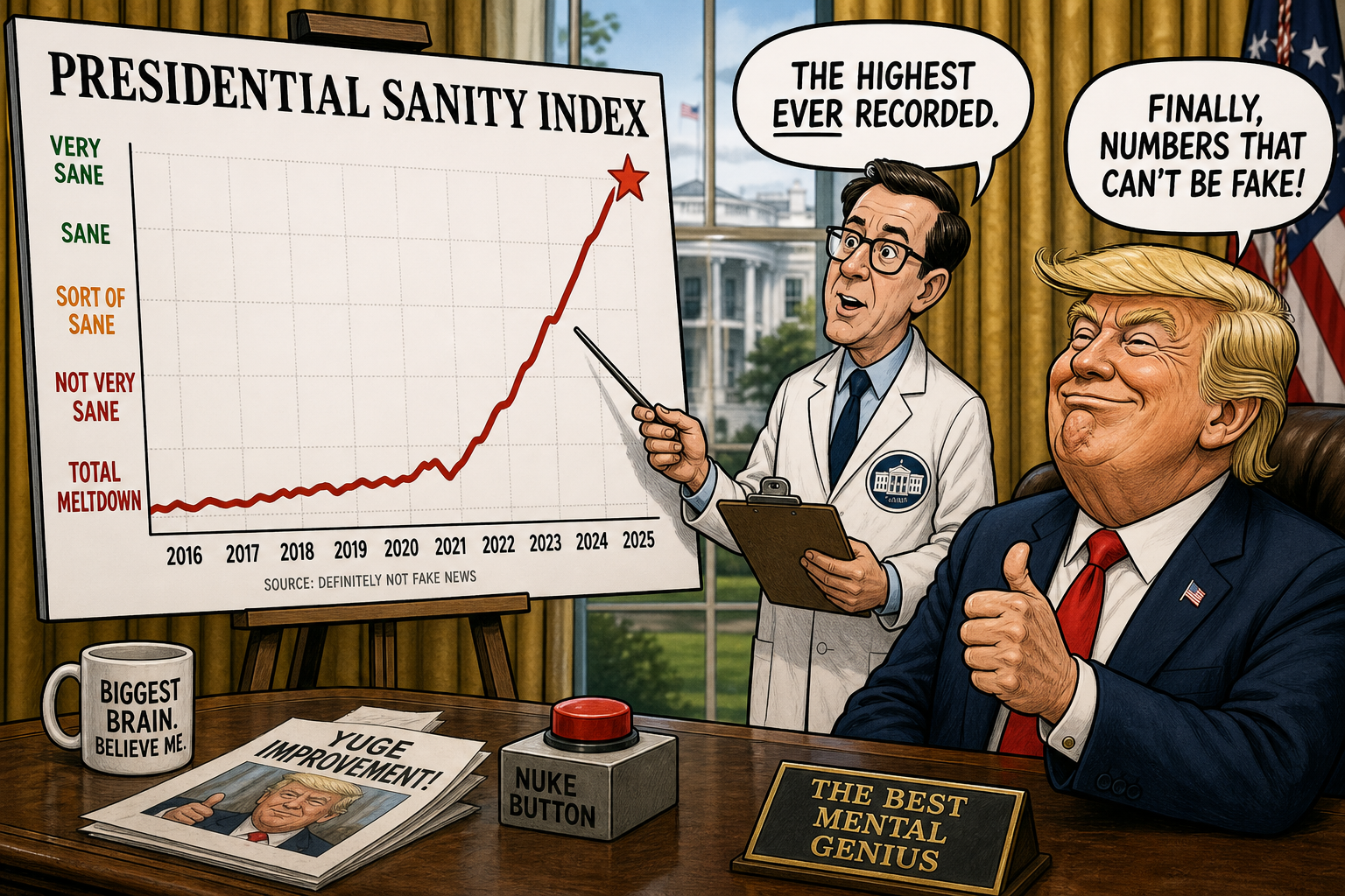 Satirical cartoon for White House Launches Presidential Sanity Index, Reports Record Highs