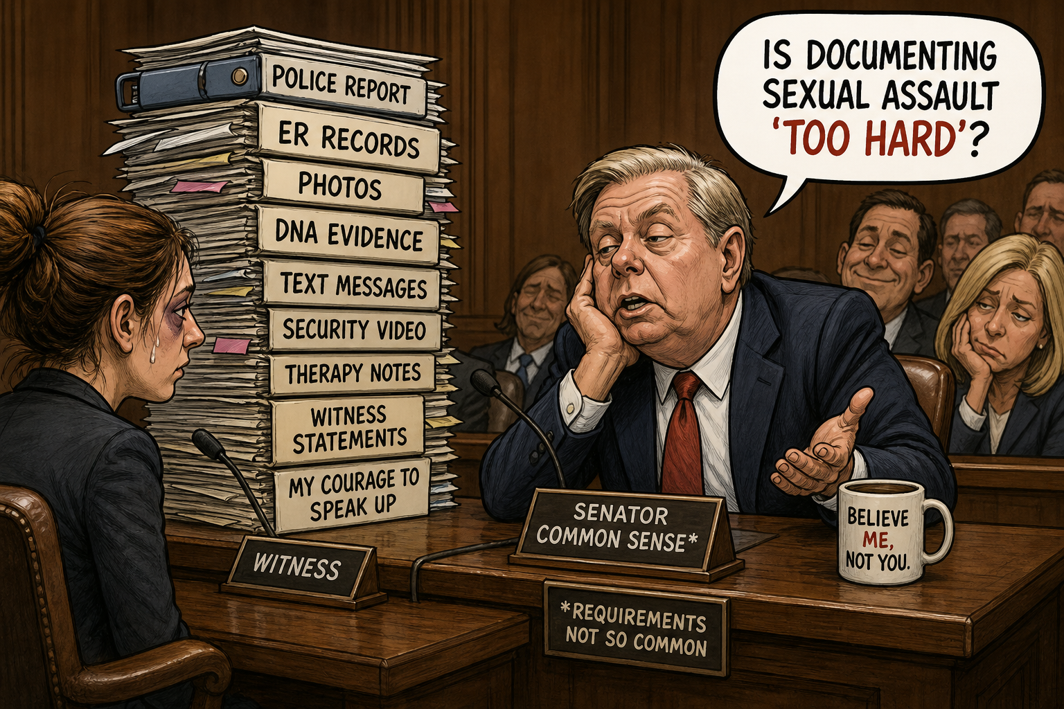 Satirical cartoon for Confirmation Hearing Asks: Is Documenting Sexual Assault 'Too Hard'?