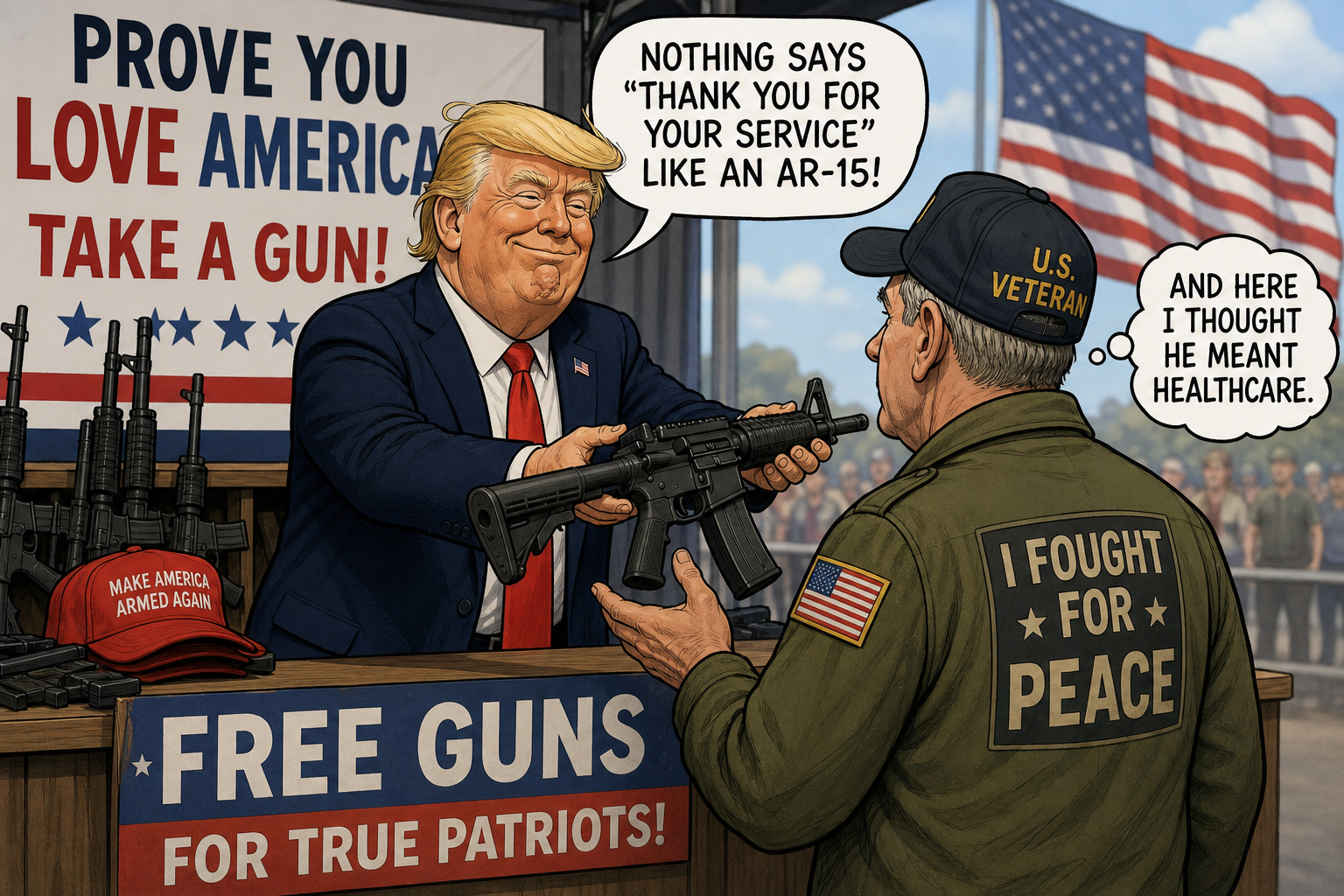 Satirical cartoon for Trump Offers Free Firearms to Veterans to Prove Patriotism