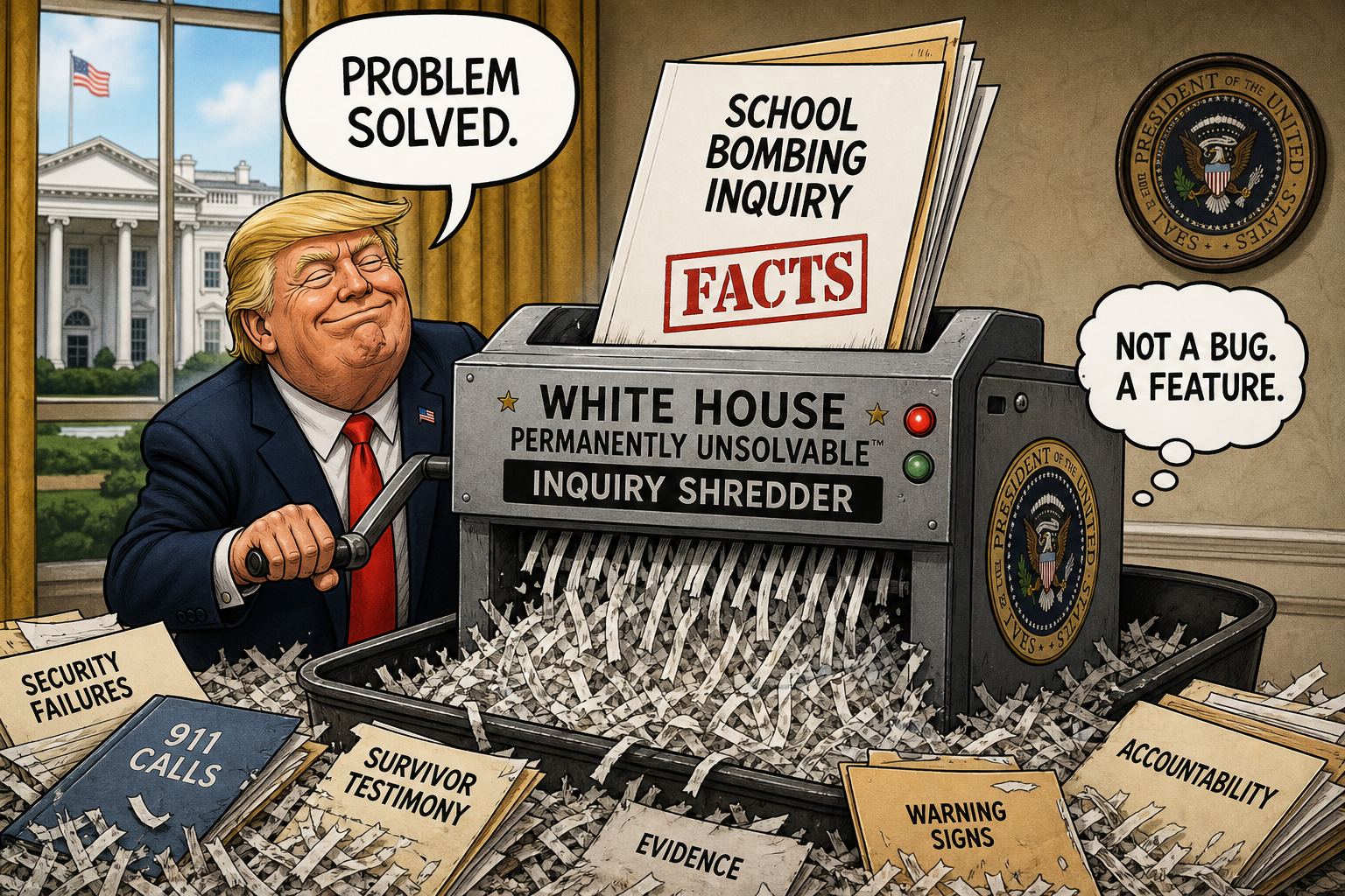 Satirical cartoon for White House Rules School Bombing Inquiry Permanently Unsolvable