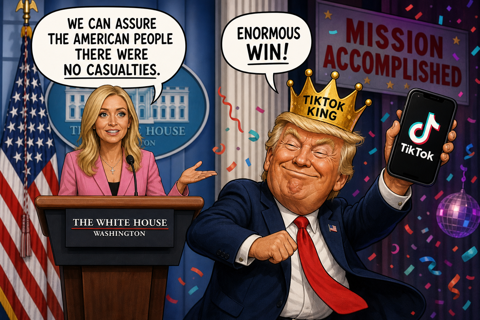 Satirical cartoon for Administration Assures No Casualties; Trump Celebrates TikTok Win