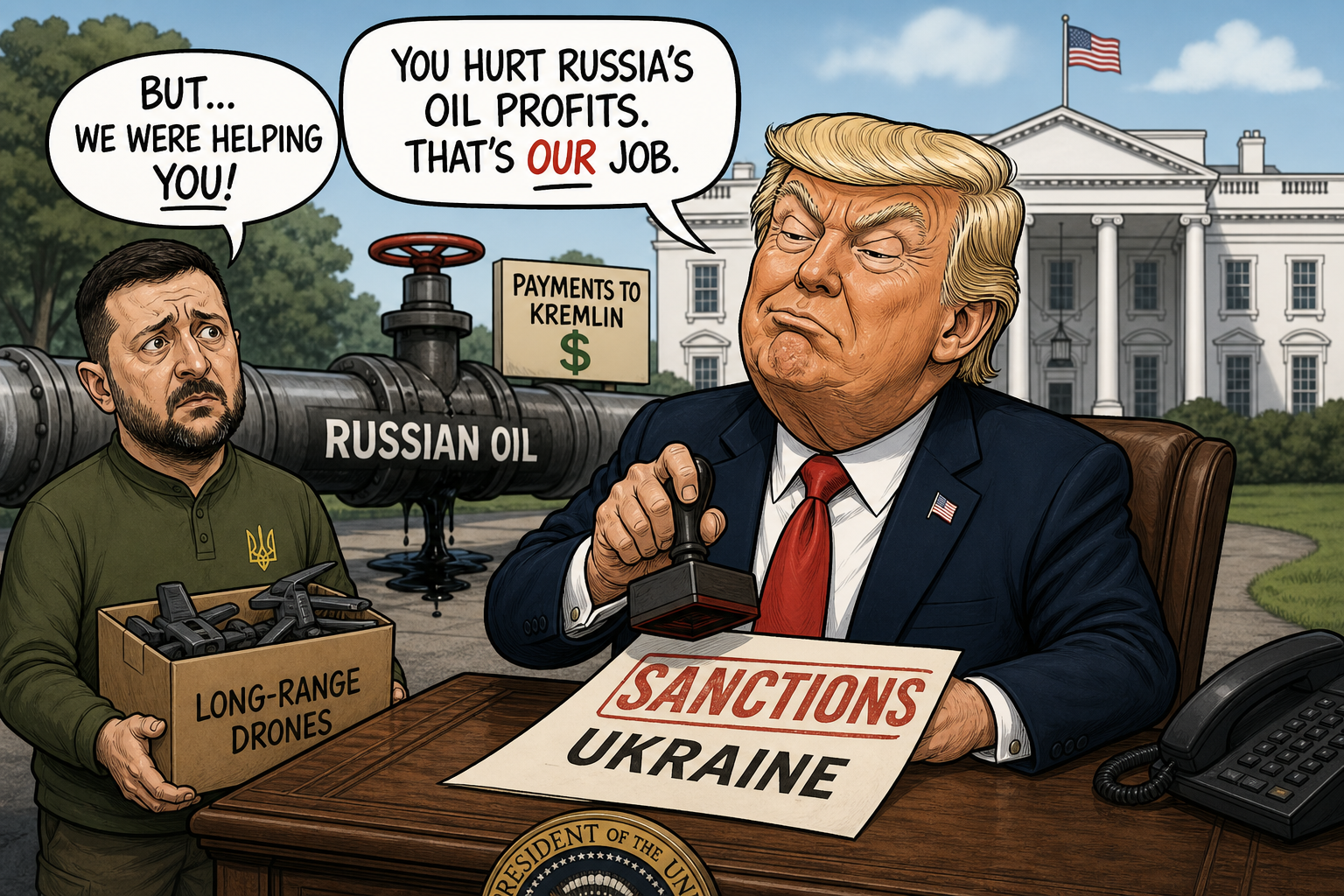 Satirical cartoon for White House Sanctions Ukraine for Disrupting Russian Oil Supply
