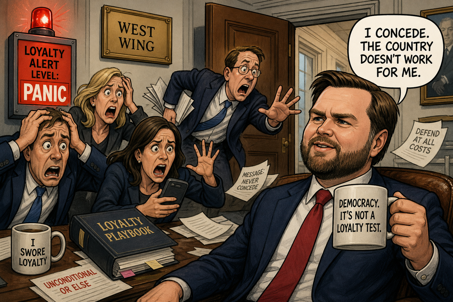Satirical cartoon for Vance Accepting Election Results Triggers West Wing Loyalty Panic