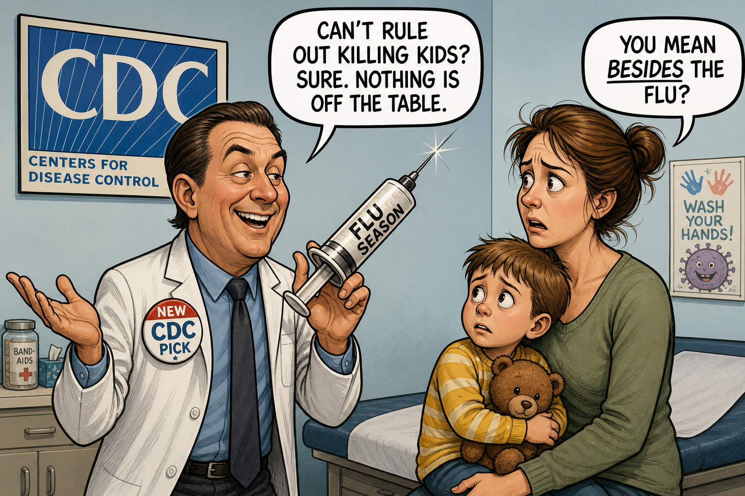 Satirical cartoon for CDC Pick Won’t Rule Out Killing Kids During Flu Season