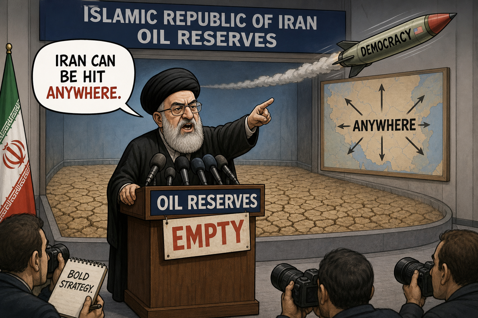 Satirical cartoon for Empty Oil Reserve Presser Declares Iran Can Be Hit Anywhere