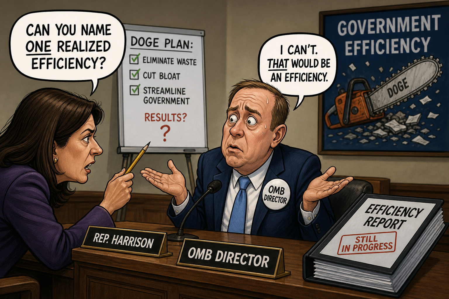 Satirical cartoon for OMB Director Swears He Cannot Name One Realized Efficiency