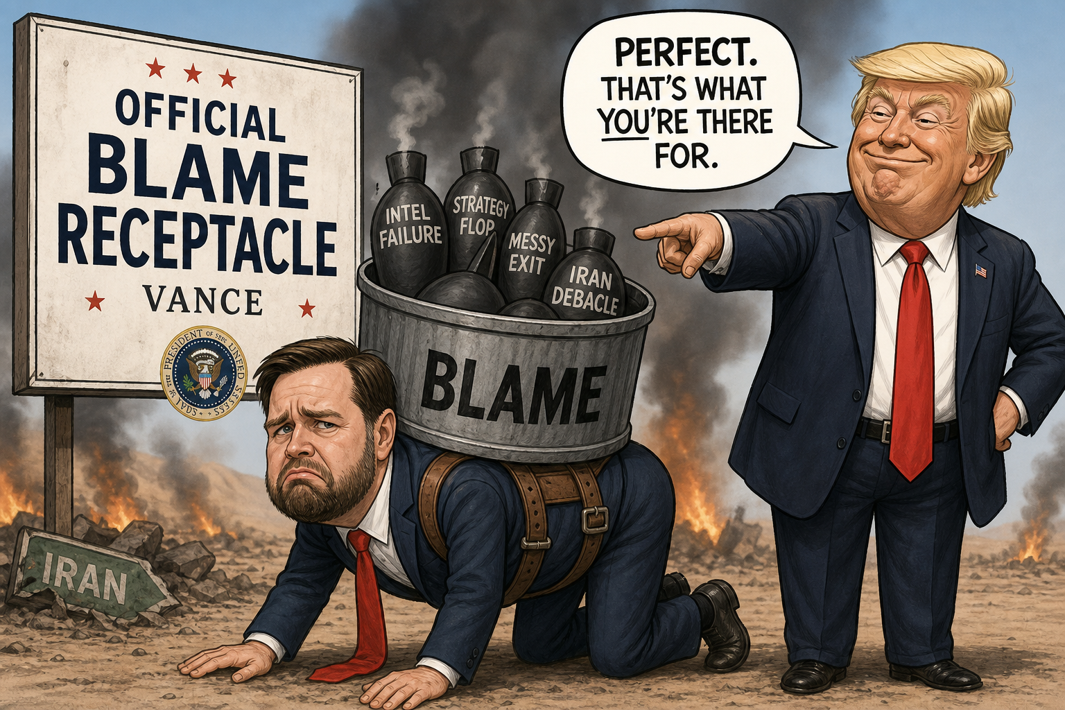 Satirical cartoon for Vance Officially Designated as Blame Receptacle for Iran Debacle
