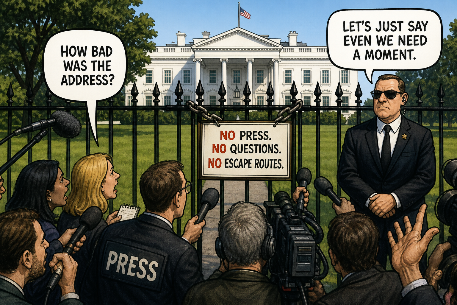 Satirical cartoon for White House Shuts Out Press Following Catastrophic Address