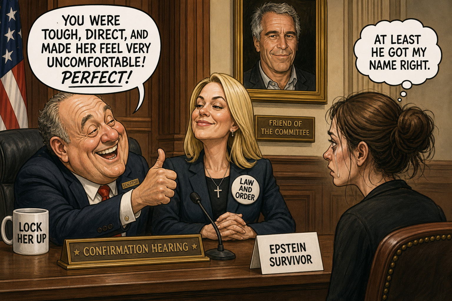 Satirical cartoon for Senator Praises AG Nominee for Hostile Epstein Survivor Meeting
