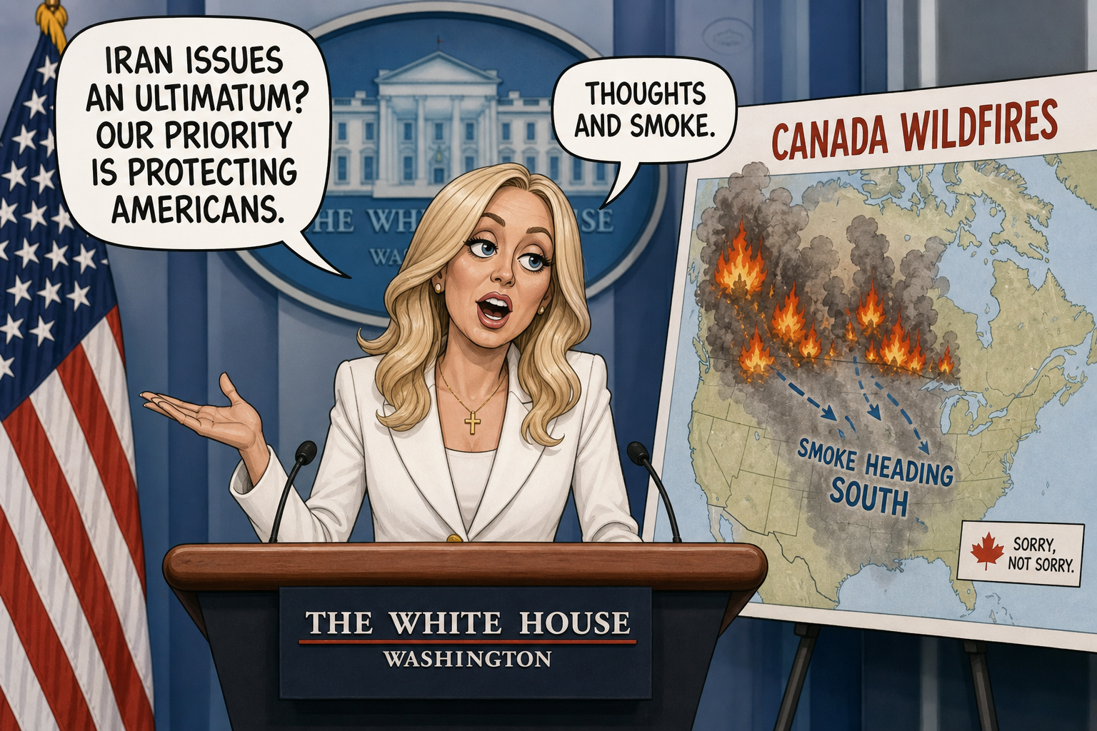 Satirical cartoon for White House Responds to Iran Ultimatum With Canada Wildfire Statement