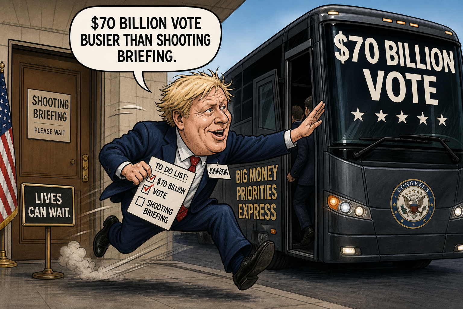 Satirical cartoon for Johnson: $70 Billion Vote Busier Than Shooting Briefing