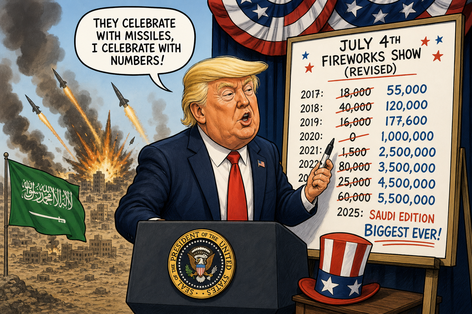Satirical cartoon for Trump Responds to Saudi Strikes With Revised July 4 Figures