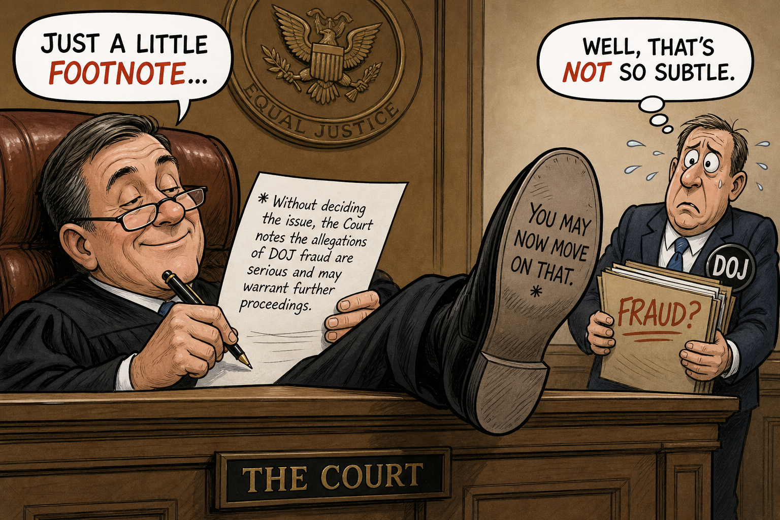 Satirical cartoon for Judge’s Footnote Quietly Invites Motion on DOJ Fraud