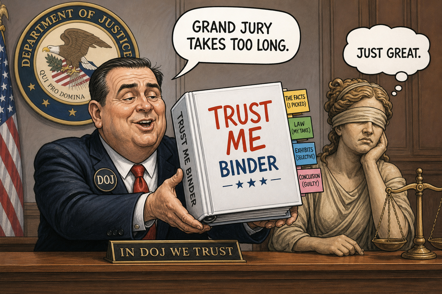 Satirical cartoon for DOJ Replaces Grand Juries With 'Trust Me' Binder System