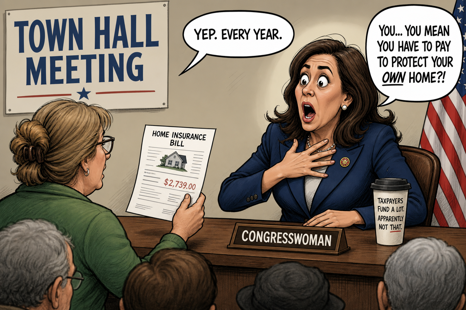 Satirical cartoon for Congresswoman Stunned To Learn Constituents Pay Home Insurance