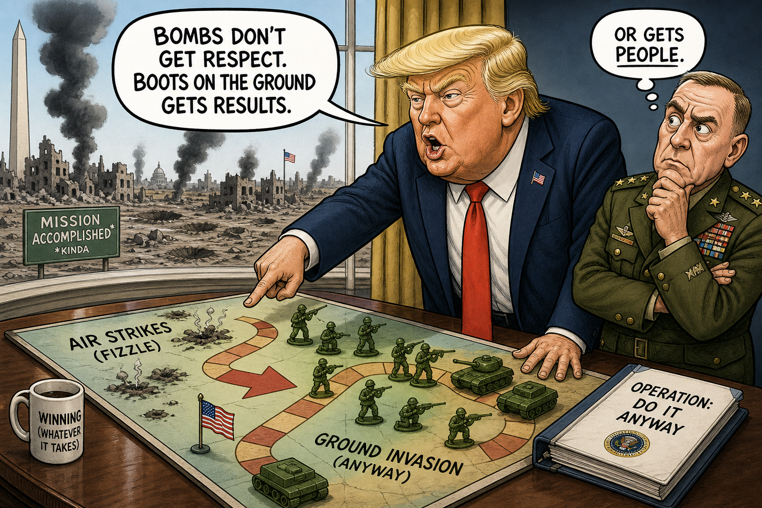 Satirical cartoon for Air Strikes Fizzle, White House Plans Ground Invasion Anyway