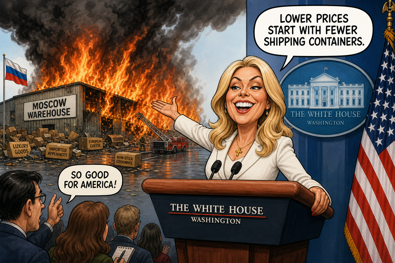 Satirical cartoon for White House Hails Moscow Warehouse Fire as Consumer Win