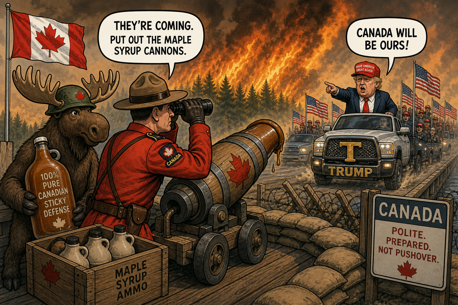 Satirical cartoon for Canada Prepares for Trump Invasion as Wildfires Rage