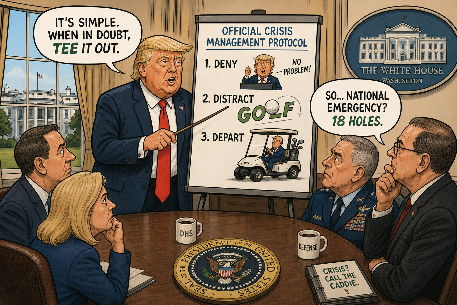 Satirical cartoon for Golf Now Official Crisis Management Protocol, White House Says