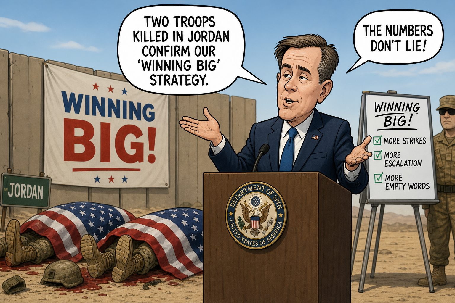 Satirical cartoon for Two Troops Killed in Jordan Confirm 'Winning Big' Strategy