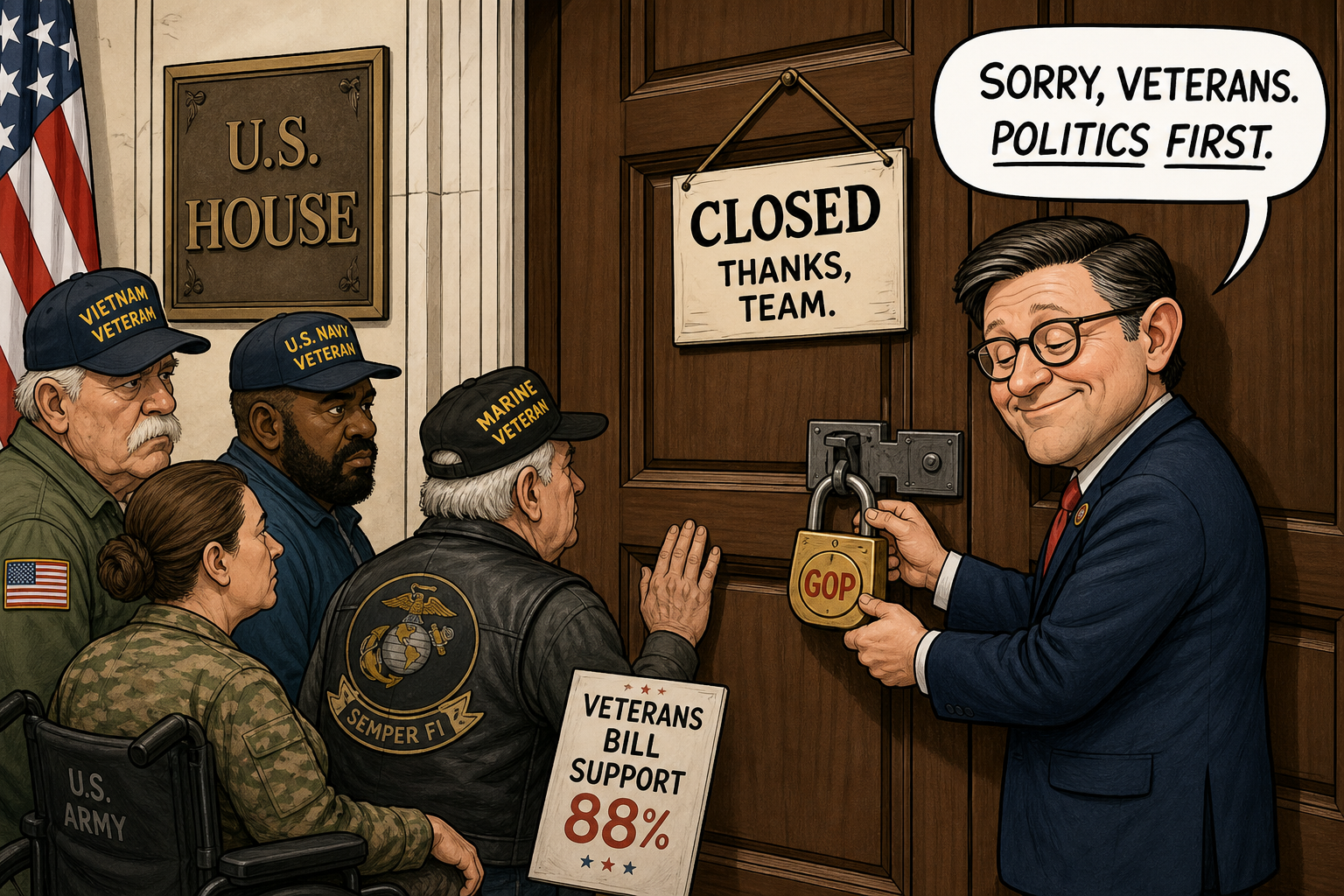 Satirical cartoon for Johnson Shuts Down House After Own Party Blocks Veterans Bill