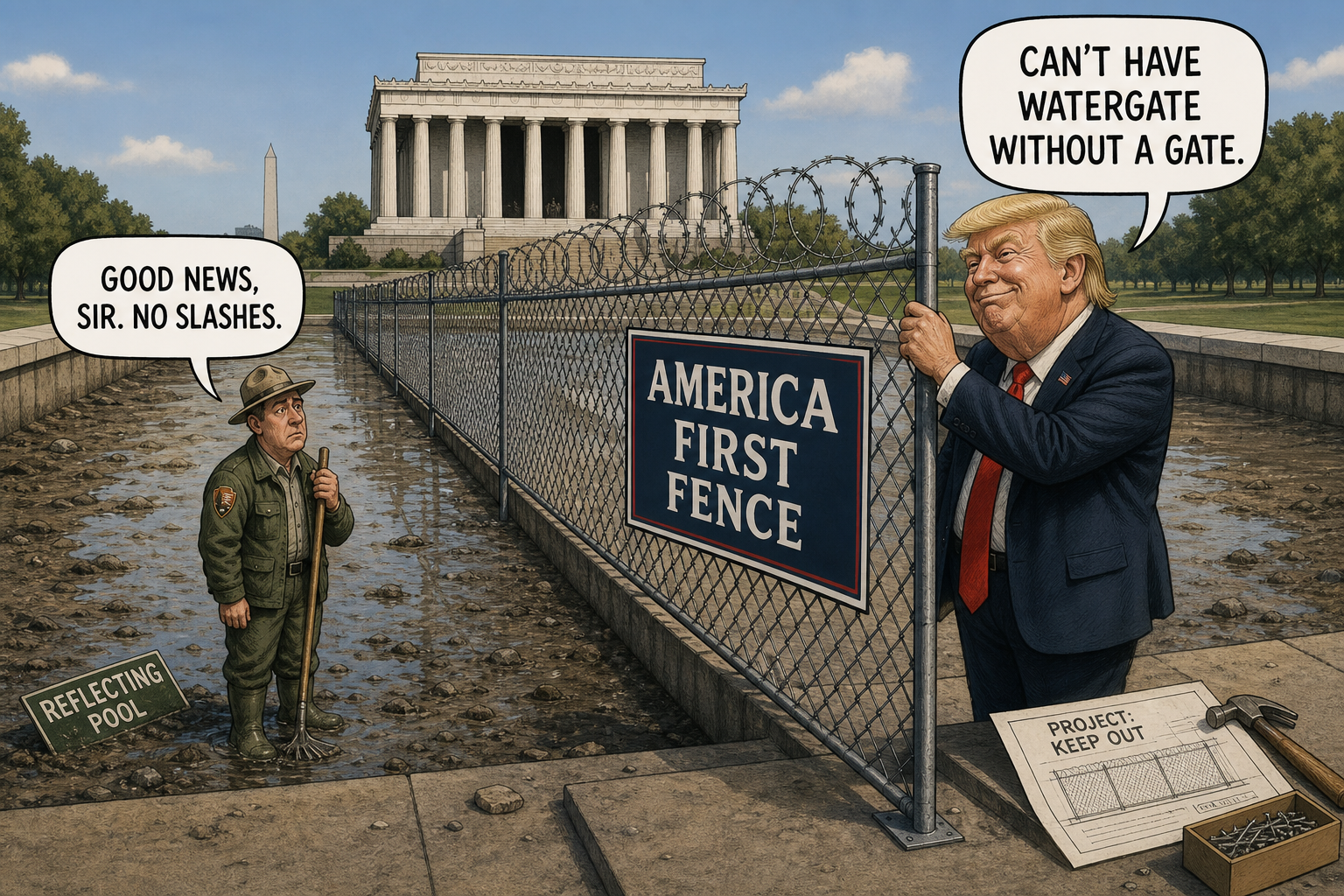 Satirical cartoon for Reflecting Pool Drain Reveals No Slashes; Trump Builds Fence