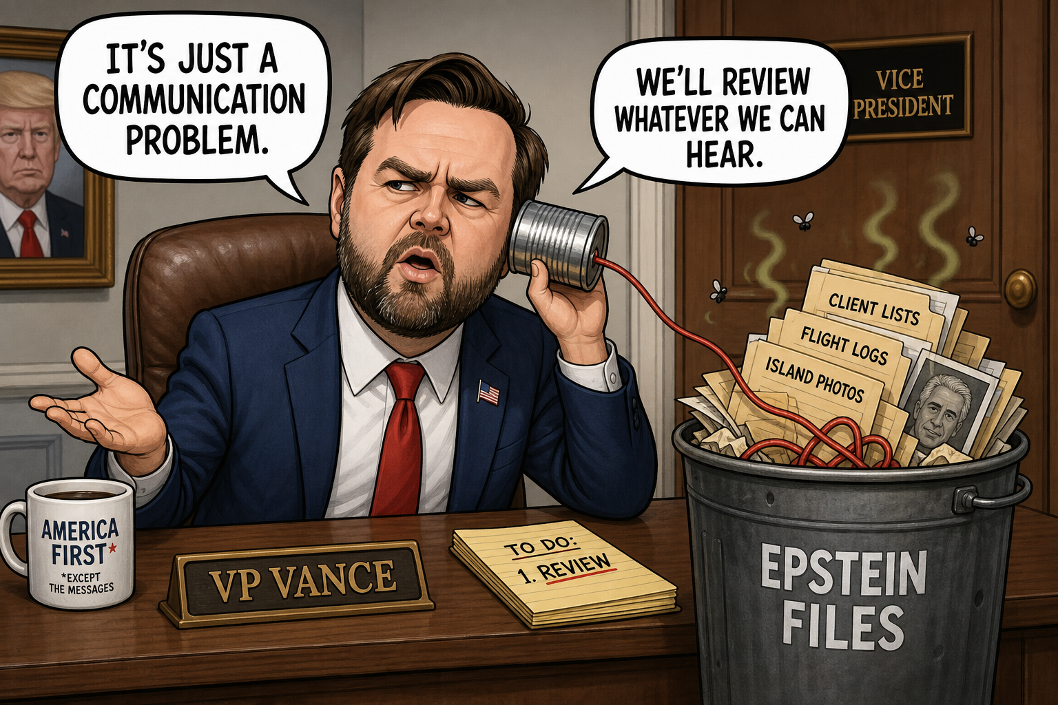 Satirical cartoon for VP Vance Calls Epstein File Fumble 'Communication Problem,' Promises Review