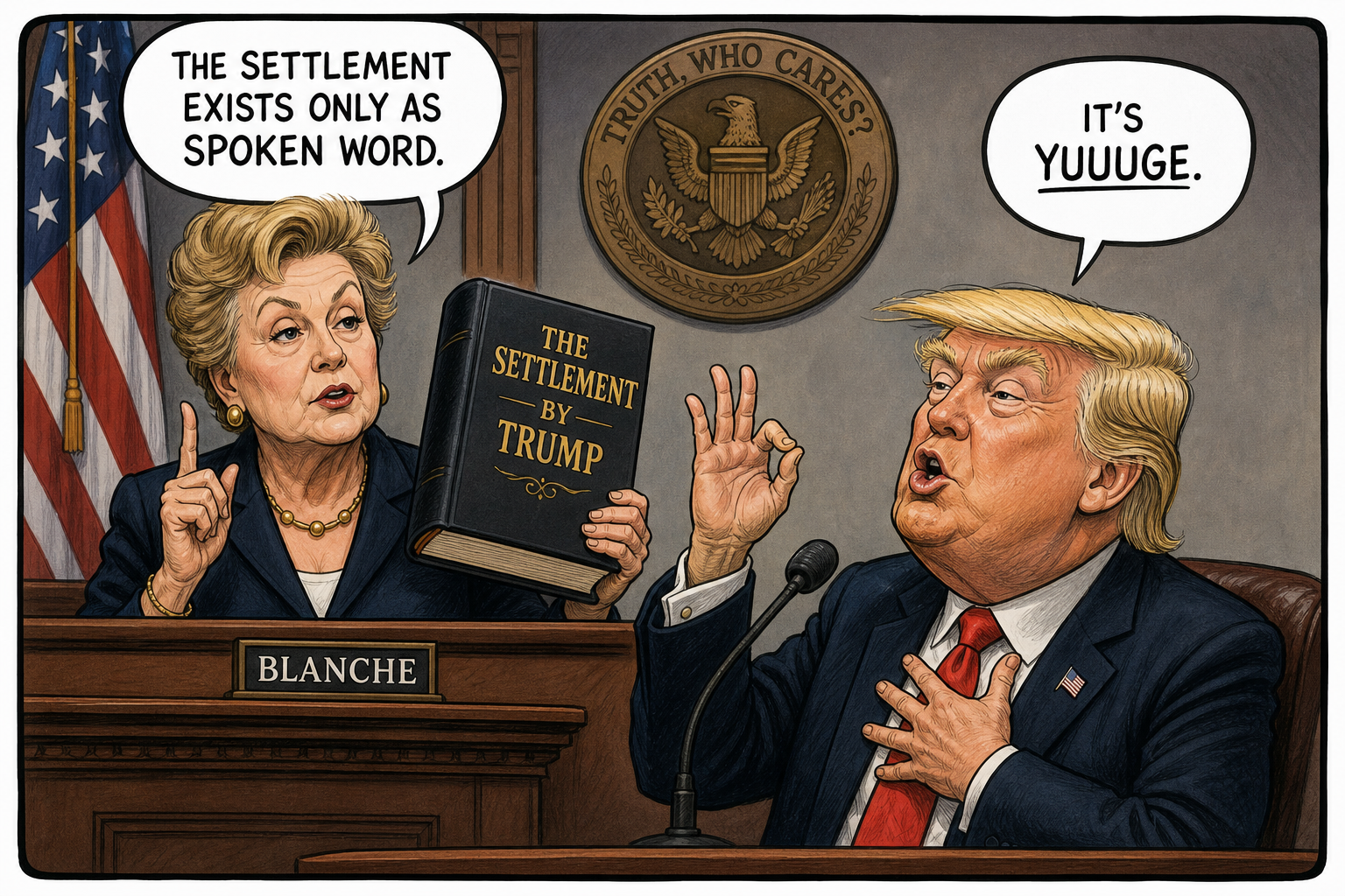 Satirical cartoon for Blanche Confirms Trump Settlement Exists Only As Spoken Word